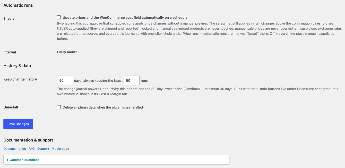 Automatic runs — optional scheduled repricing (explicit opt-in) with the full safety net spelled out, plus how long the change journal is kept.