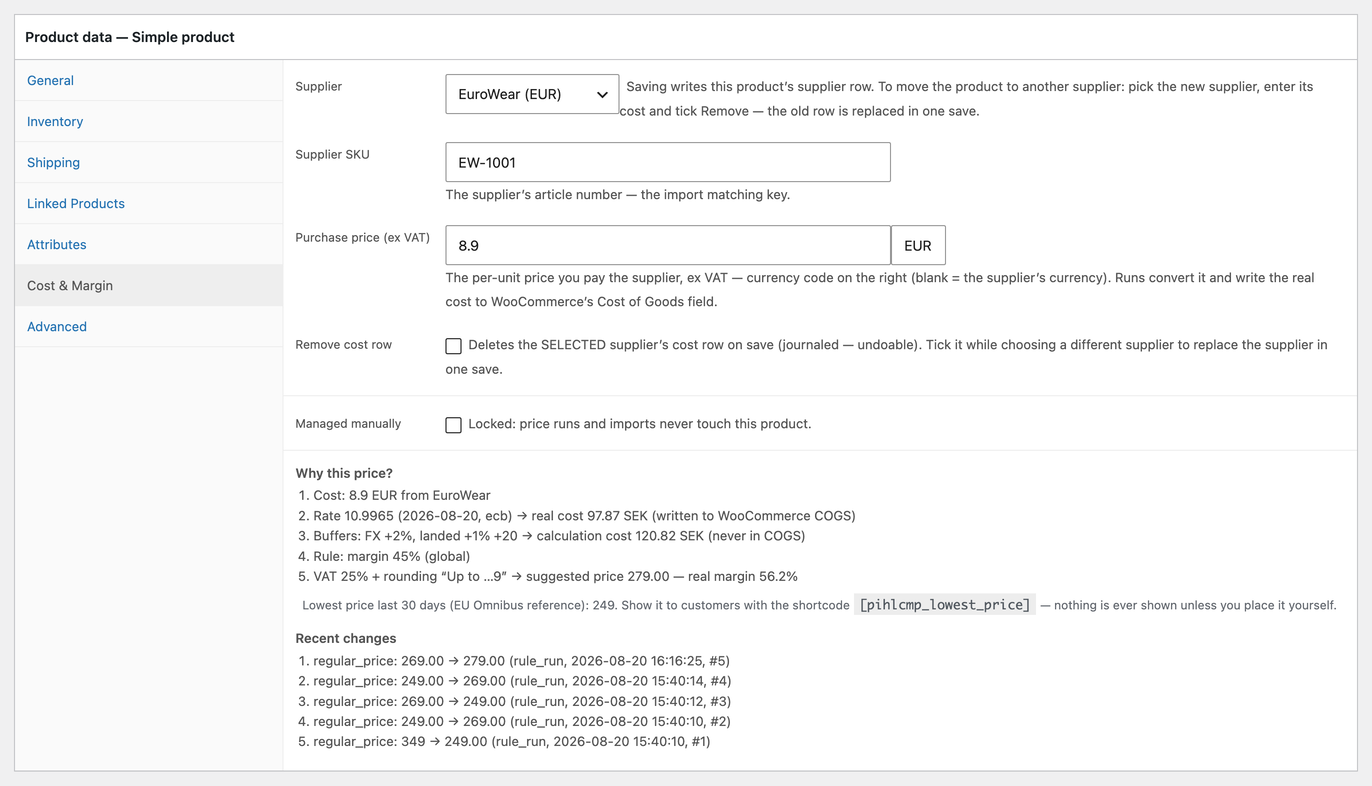 The product's Cost & Margin tab — supplier and purchase price in the supplier's currency, price lock, and the full "Why this price?" breakdown: cost, exchange rate, buffers, rule, VAT and rounding, with the 30-day lowest price (Omnibus reference) and the product's recent price changes.