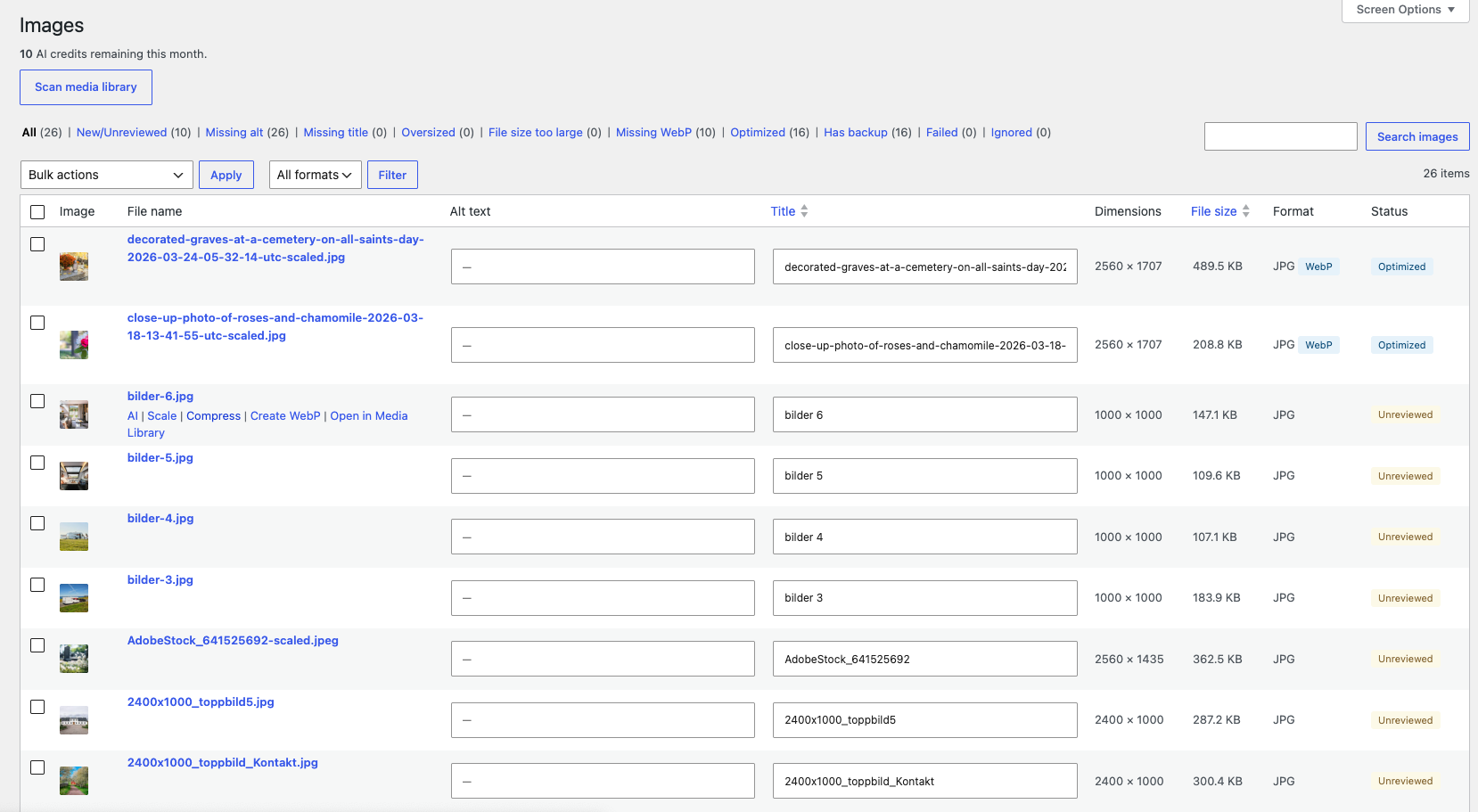 The image list with filters and inline editing