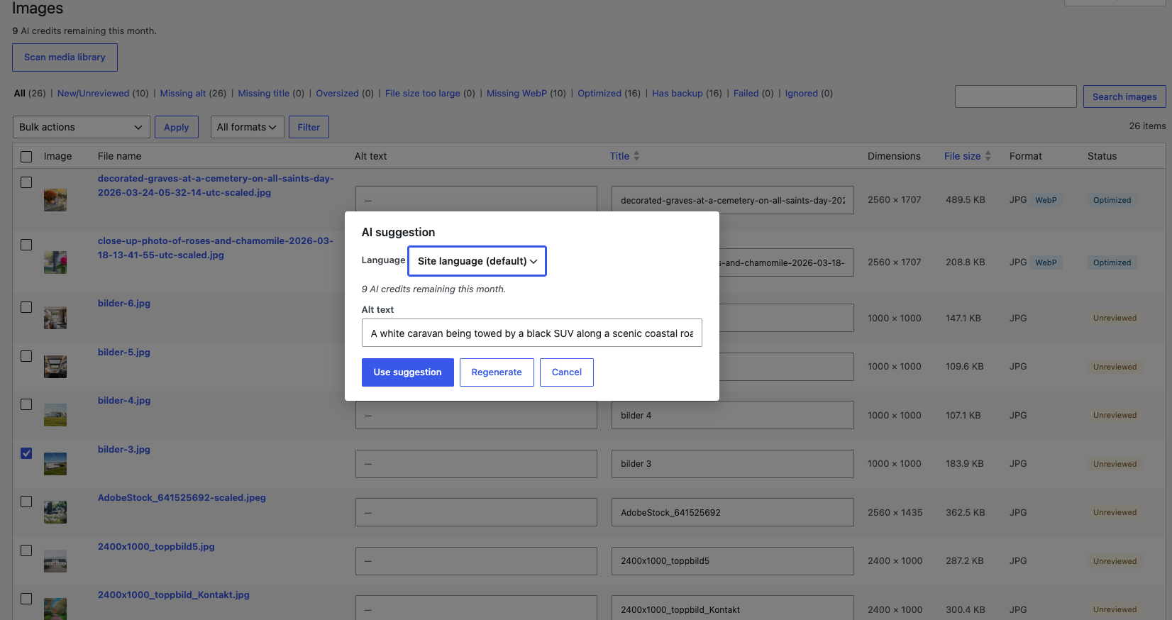 The AI suggestion dialog with editable fields and language choice