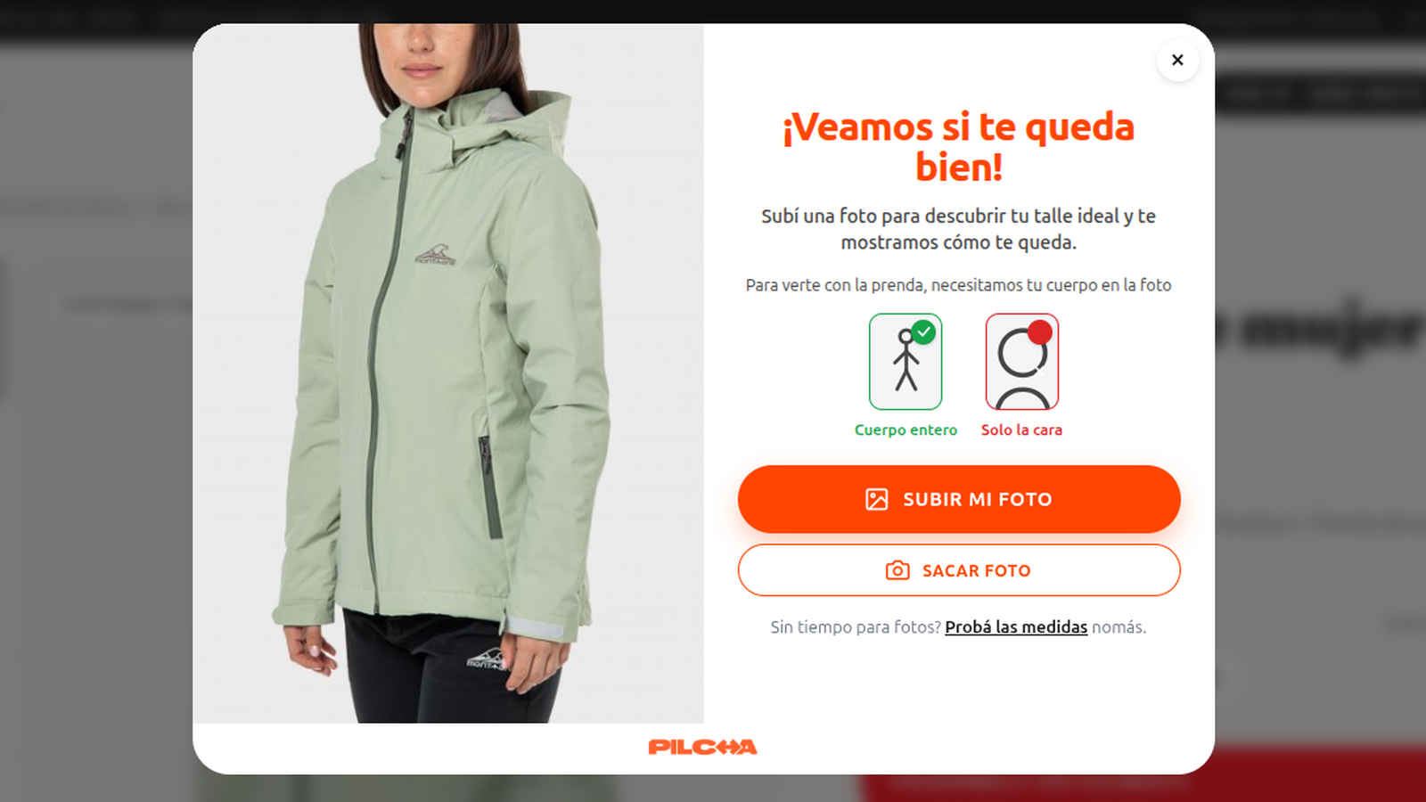 The Pilcha widget opens on the product page — the shopper uploads a photo to start the virtual try-on.