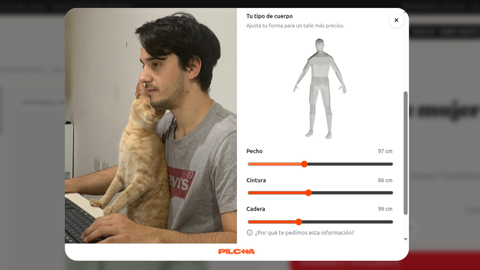 Body measurements step: the shopper adjusts sliders (chest, waist, hips) to fine-tune the size recommendation.