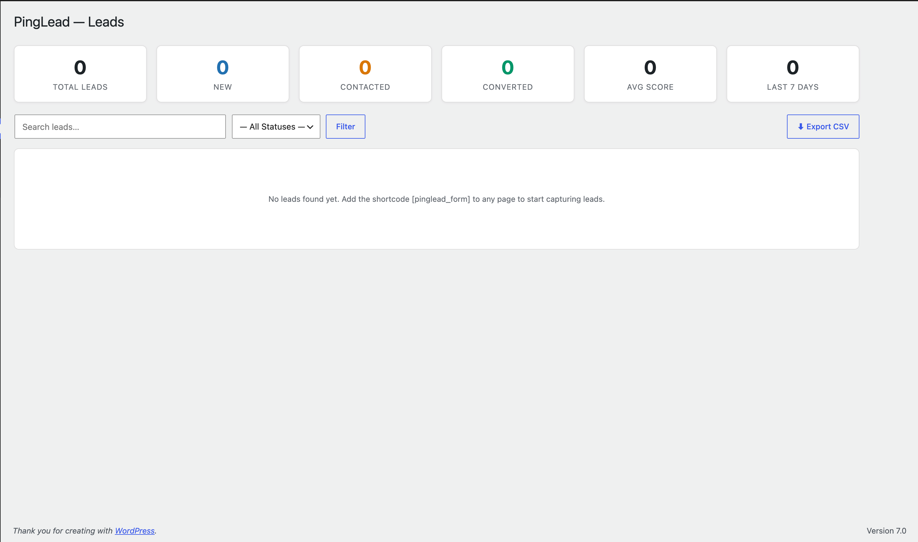 The Leads dashboard — stats at a glance, search, filtering, and CSV export.