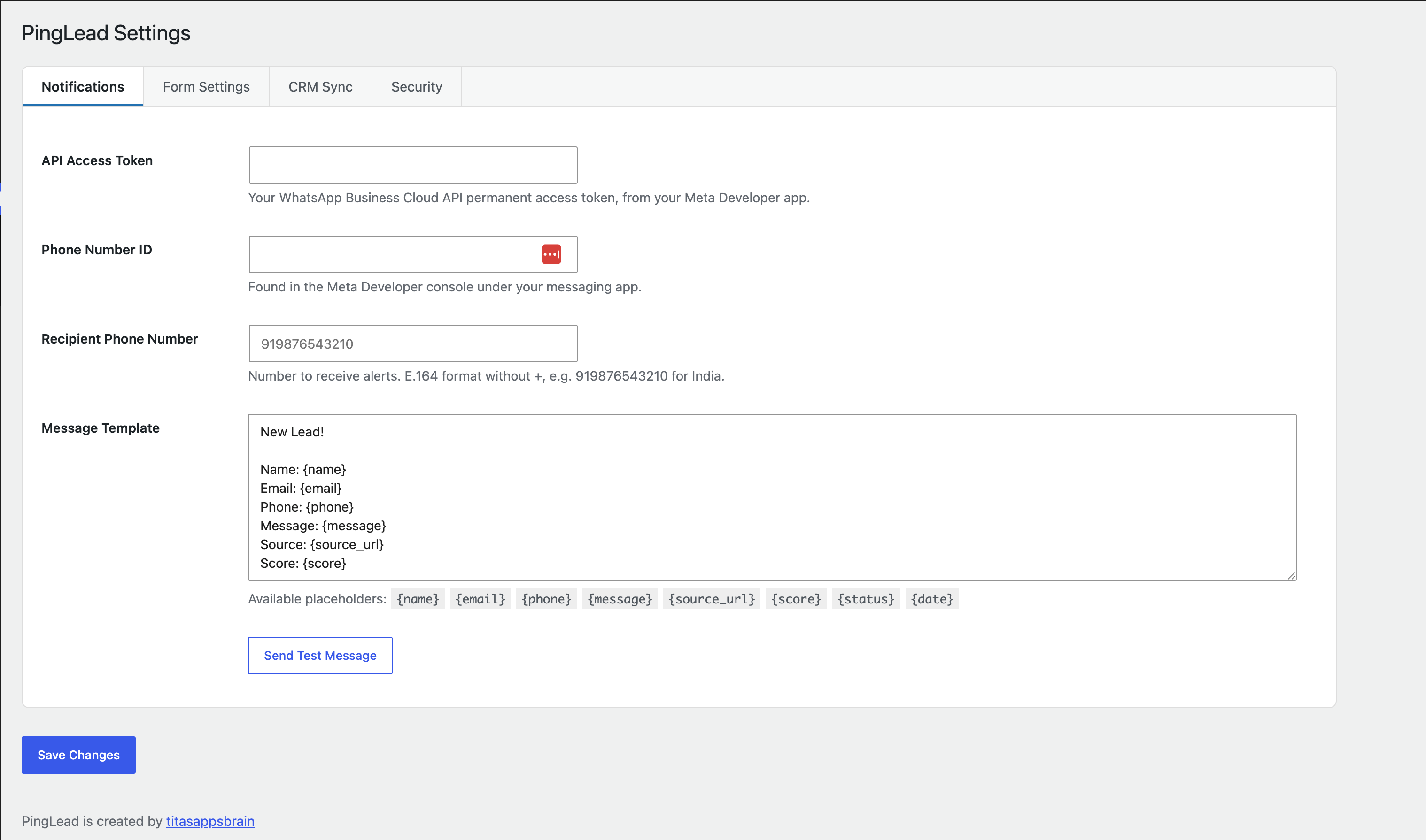 Notification settings — connect your WhatsApp Business Cloud API credentials and customize the alert message template.