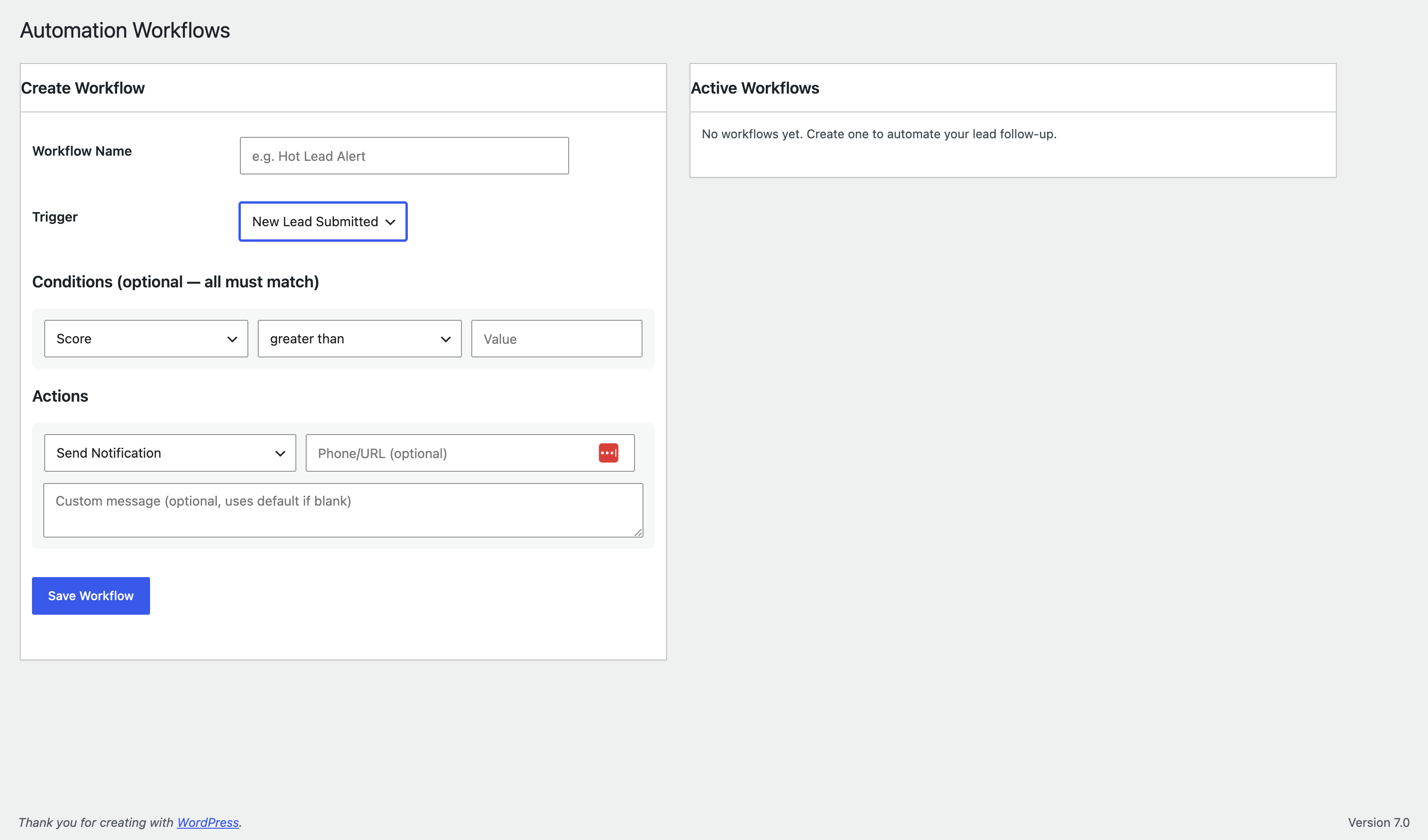 The automation workflow builder — set conditions and chain actions like sending a notification or syncing to a CRM.