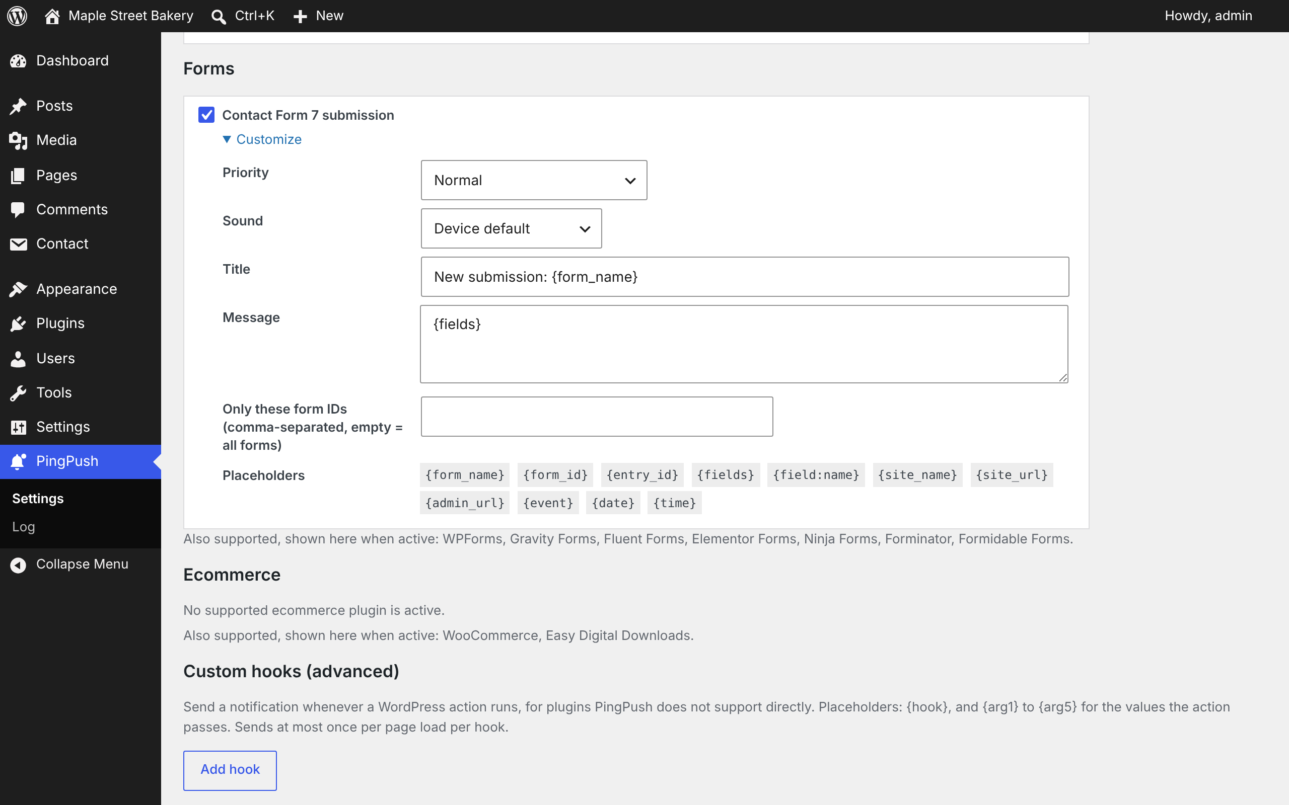 Choosing events and customizing a message.