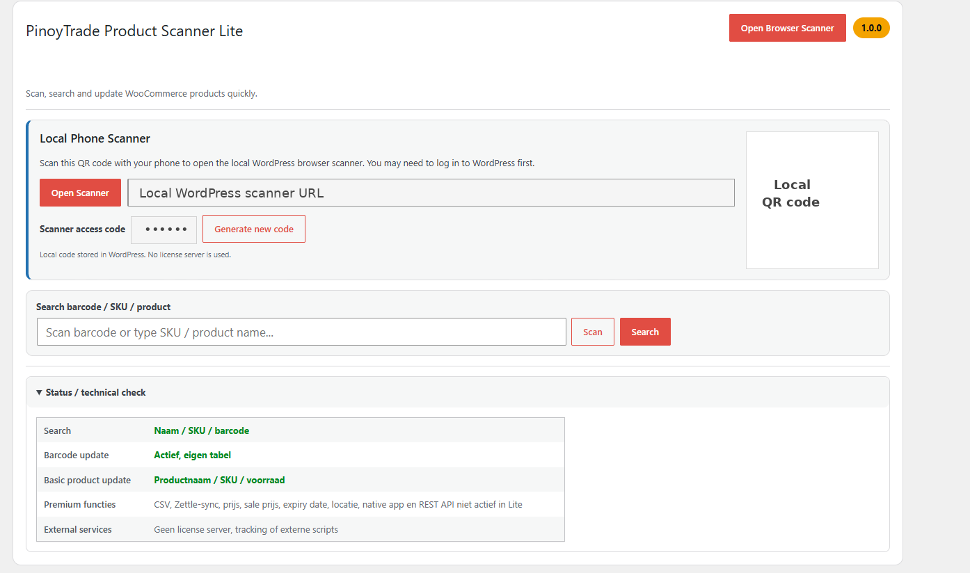 Product Scanner Lite dashboard with local browser scanner link, QR code, access code and product search.