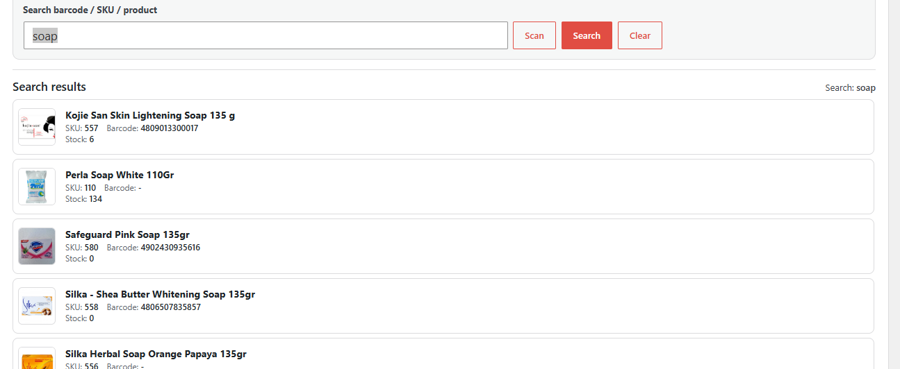 Product search results by product name, SKU or scanner barcode.
