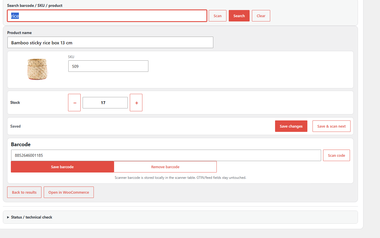 Product detail view for scanner barcode, product name, SKU and stock updates.