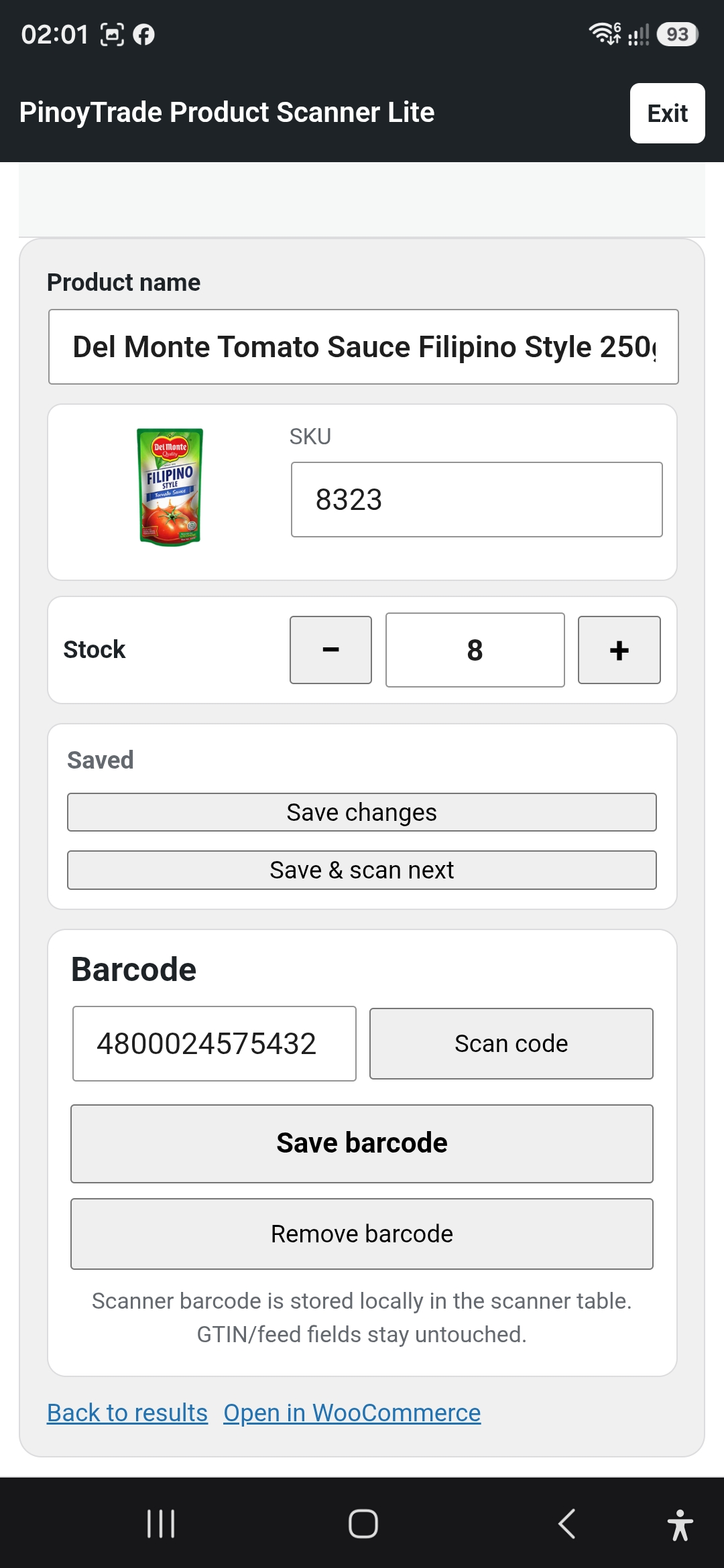 Mobile product result after scanning or searching a barcode.