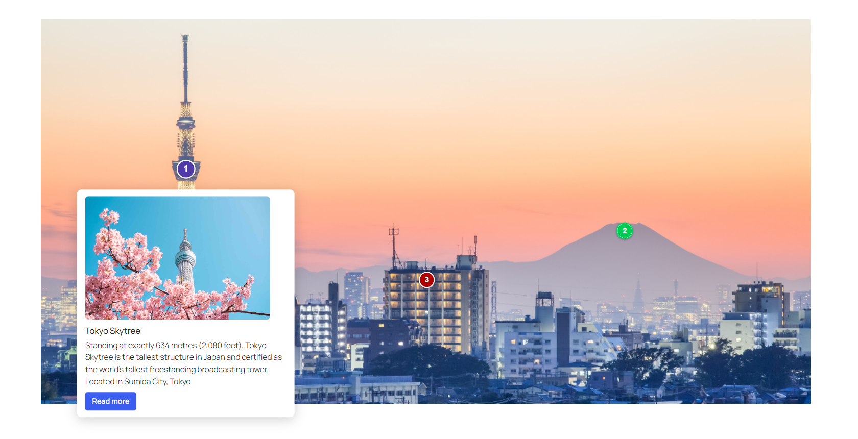 A rich tooltip on the frontend — title, description, and a call-to-action button, animated marker.