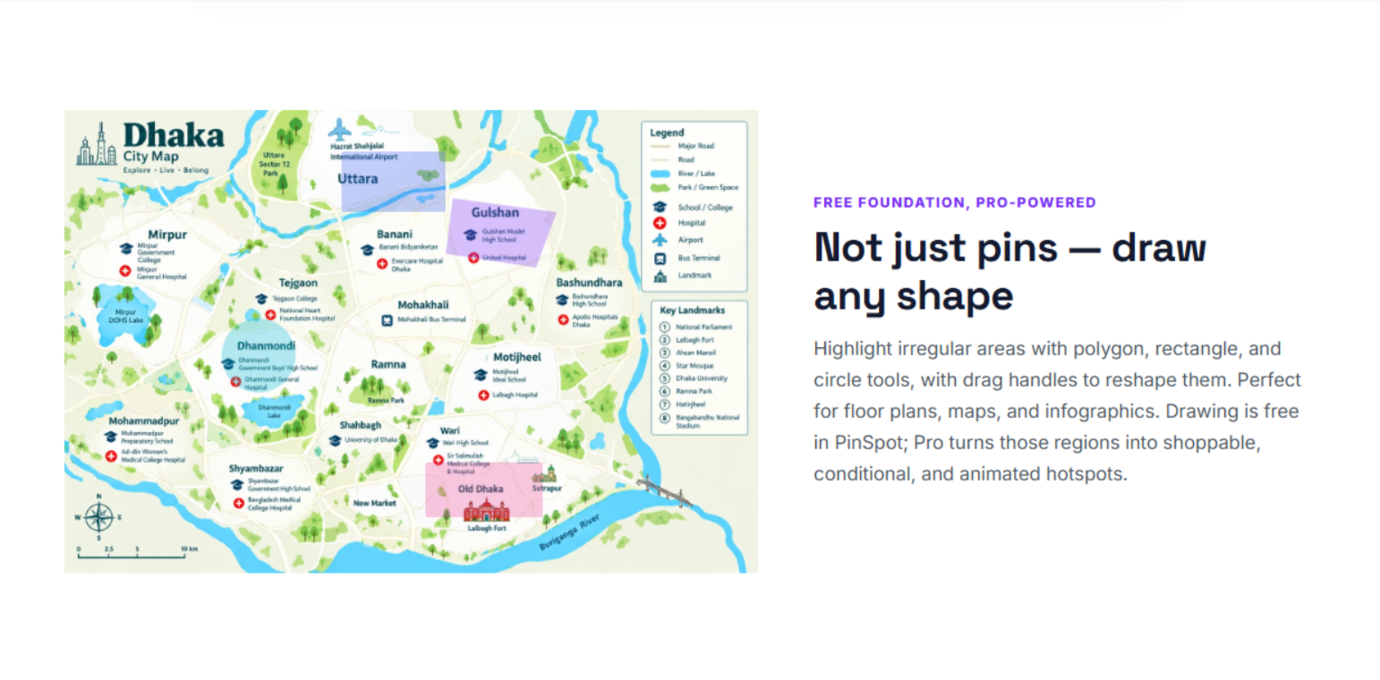 Draw clickable areas — polygon, rectangle, or circle regions over any image (here, districts on a city map), each opening its own tooltip.