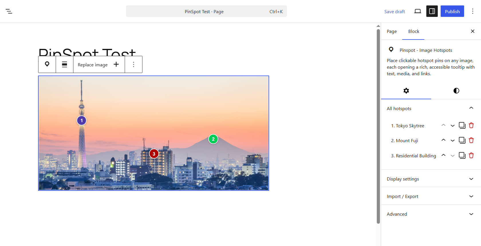 The block editor: place pins, reorder them, and configure everything in the sidebar.