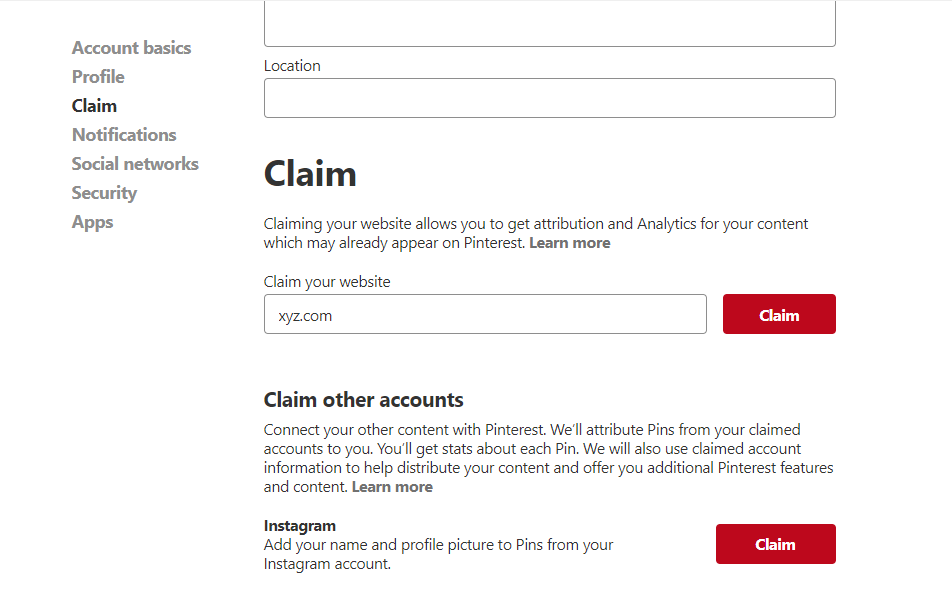 Enter your web address in the Claim section then click Verify Website.