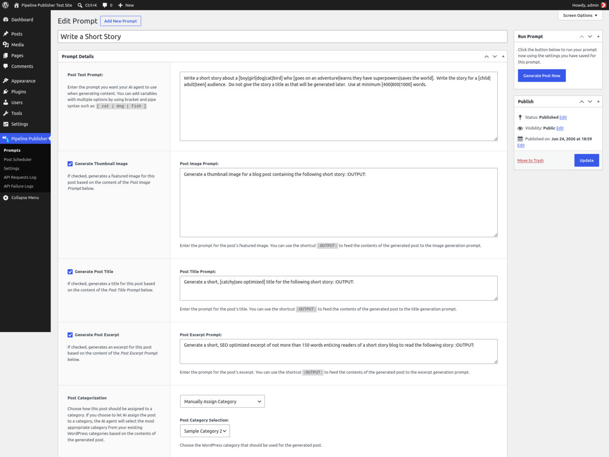 Pipeline Publisher lets you create a separate prompt for generating a blog post's content, title, featured image and excerpt.