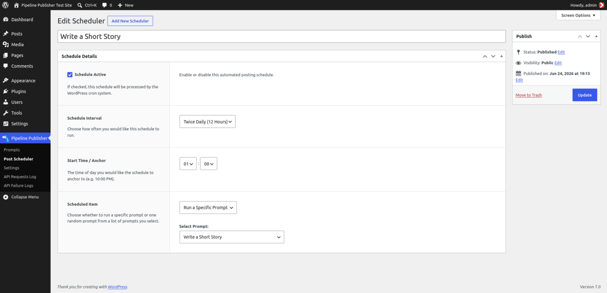 The scheduler interface lets you run your prompt automatically as frequently as every 15 minutes.