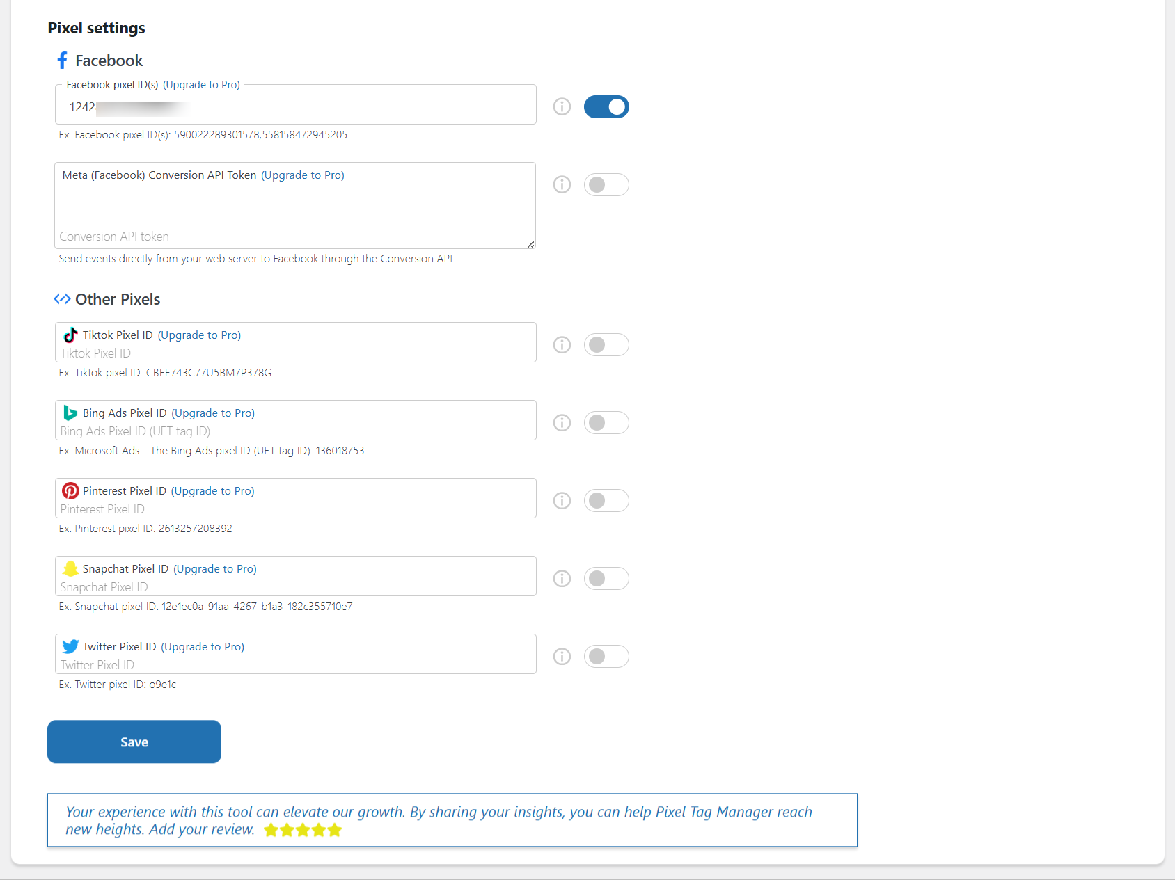 Facebook Conversion API, Facebook and Other Pixel Settings