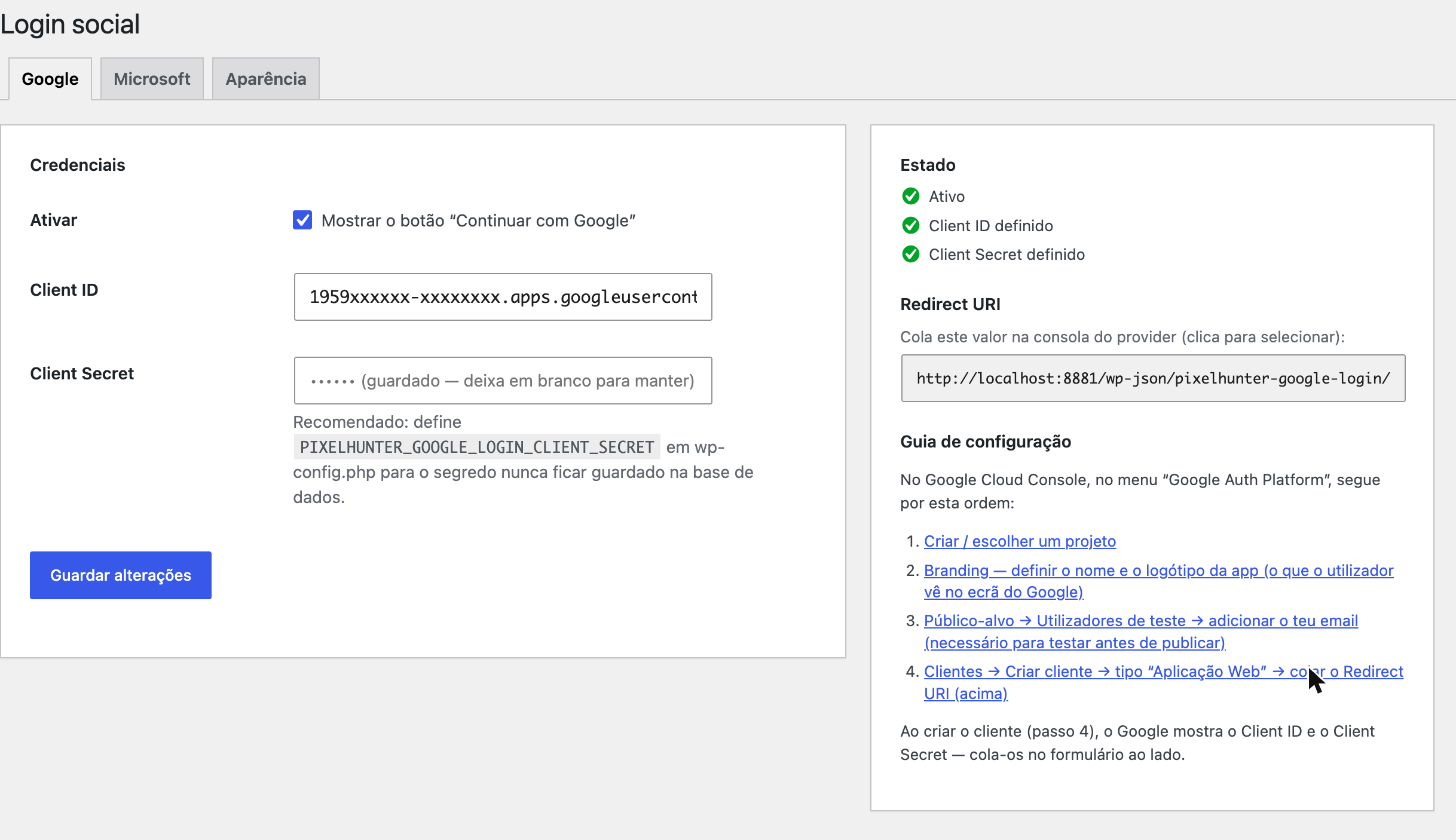 Admin settings under WooCommerce → Social Login — Google tab with step-by-step guide, ready-to-copy Redirect URI, and live status.