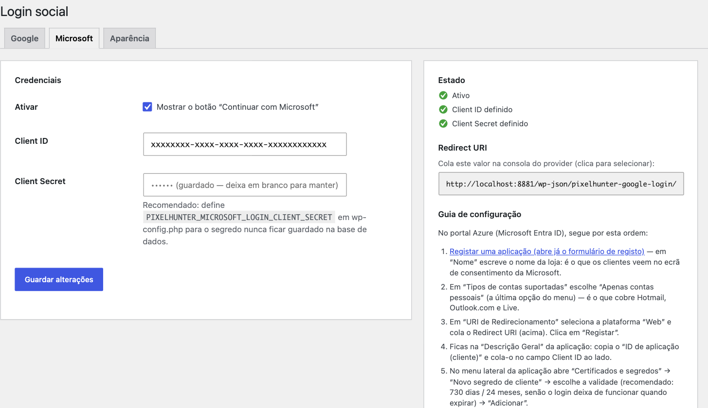Admin settings — Microsoft tab (Azure setup guide and secret-expiry note).