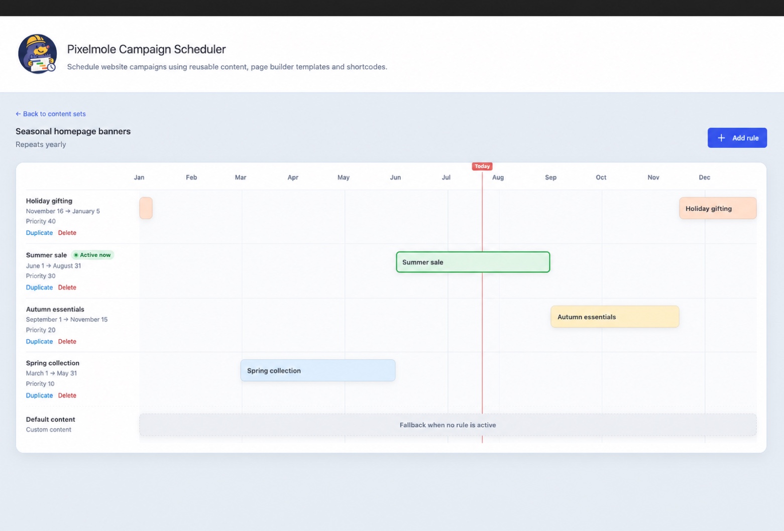 View yearly rules on a visual timeline with the current date and active rule clearly highlighted.