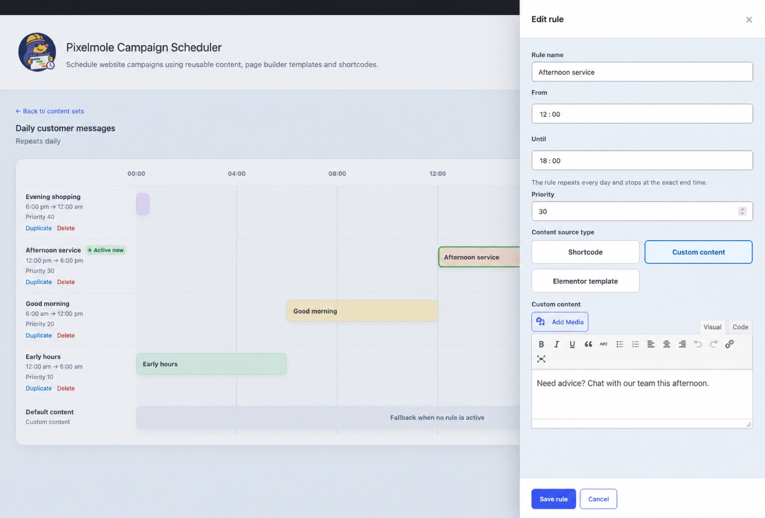 Edit a daily rule, its time range, priority and content source from the slide-out panel.