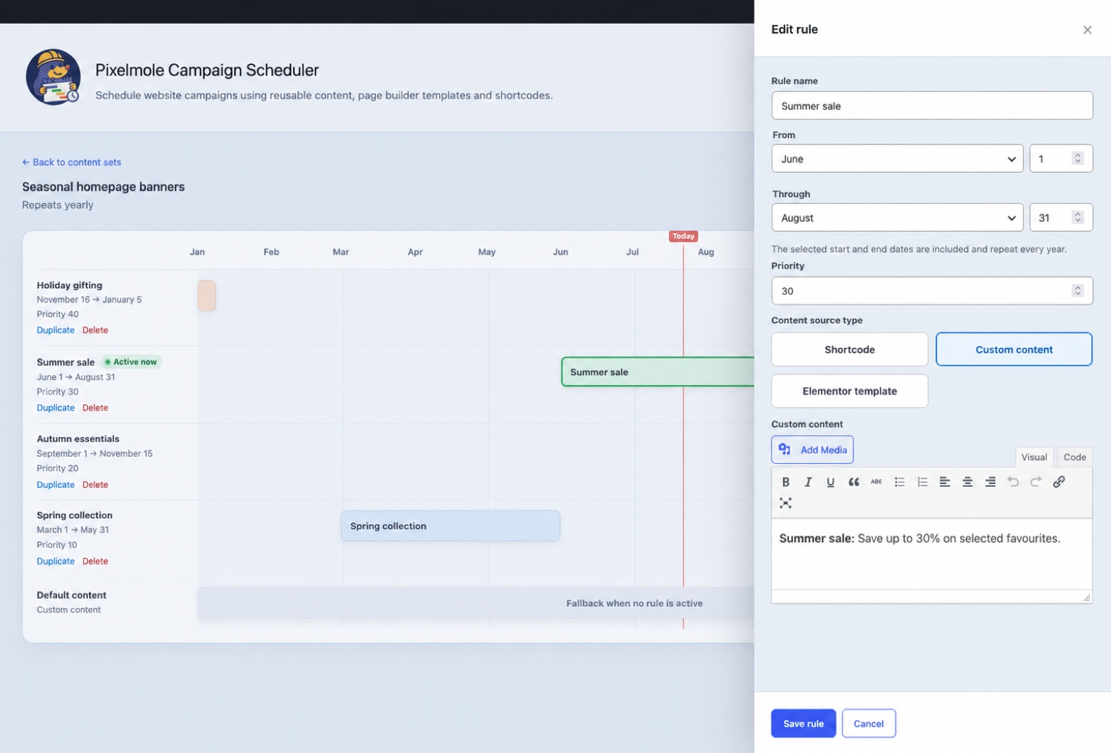 Configure a yearly rule with inclusive dates, priority and custom content.