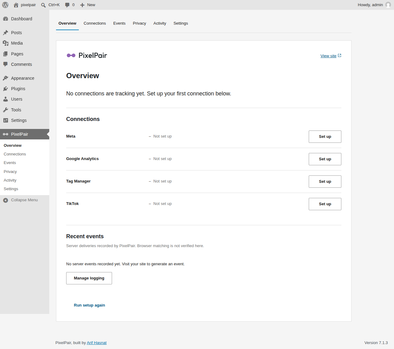 Overview with connection statuses and next actions.