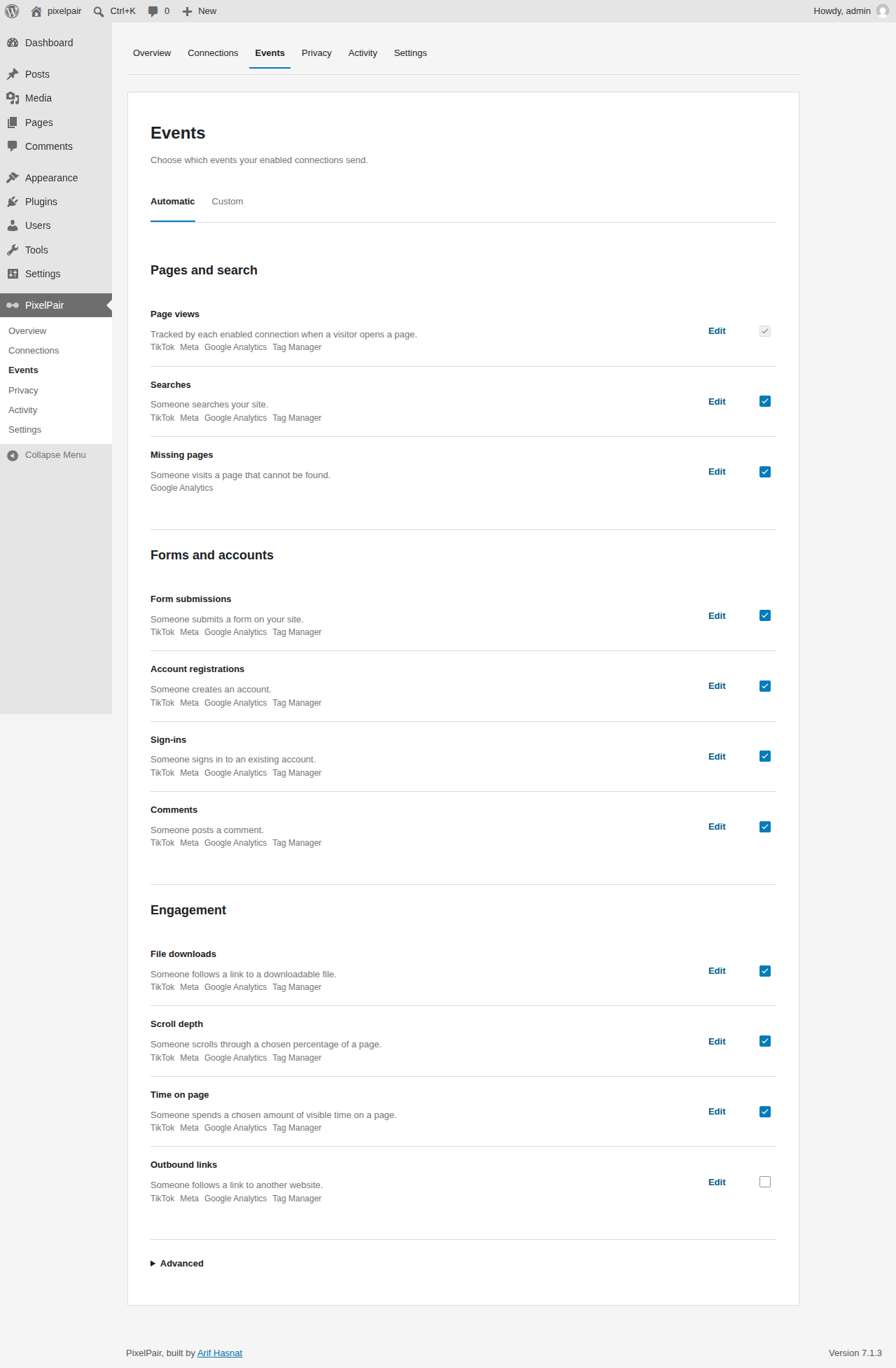 Automatic event controls grouped by purpose.