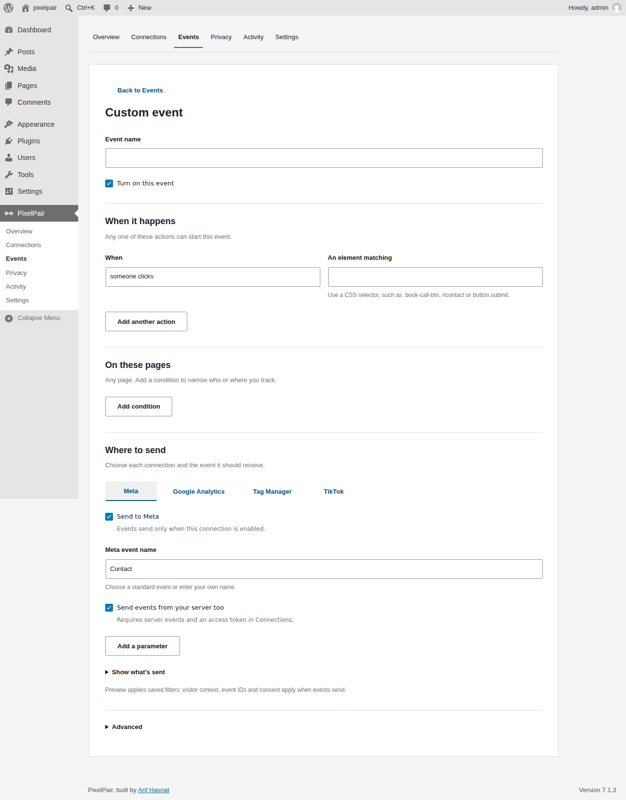 Custom event builder with trigger rules and platform mappings.