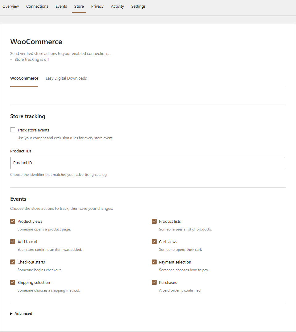 WooCommerce event and value settings.