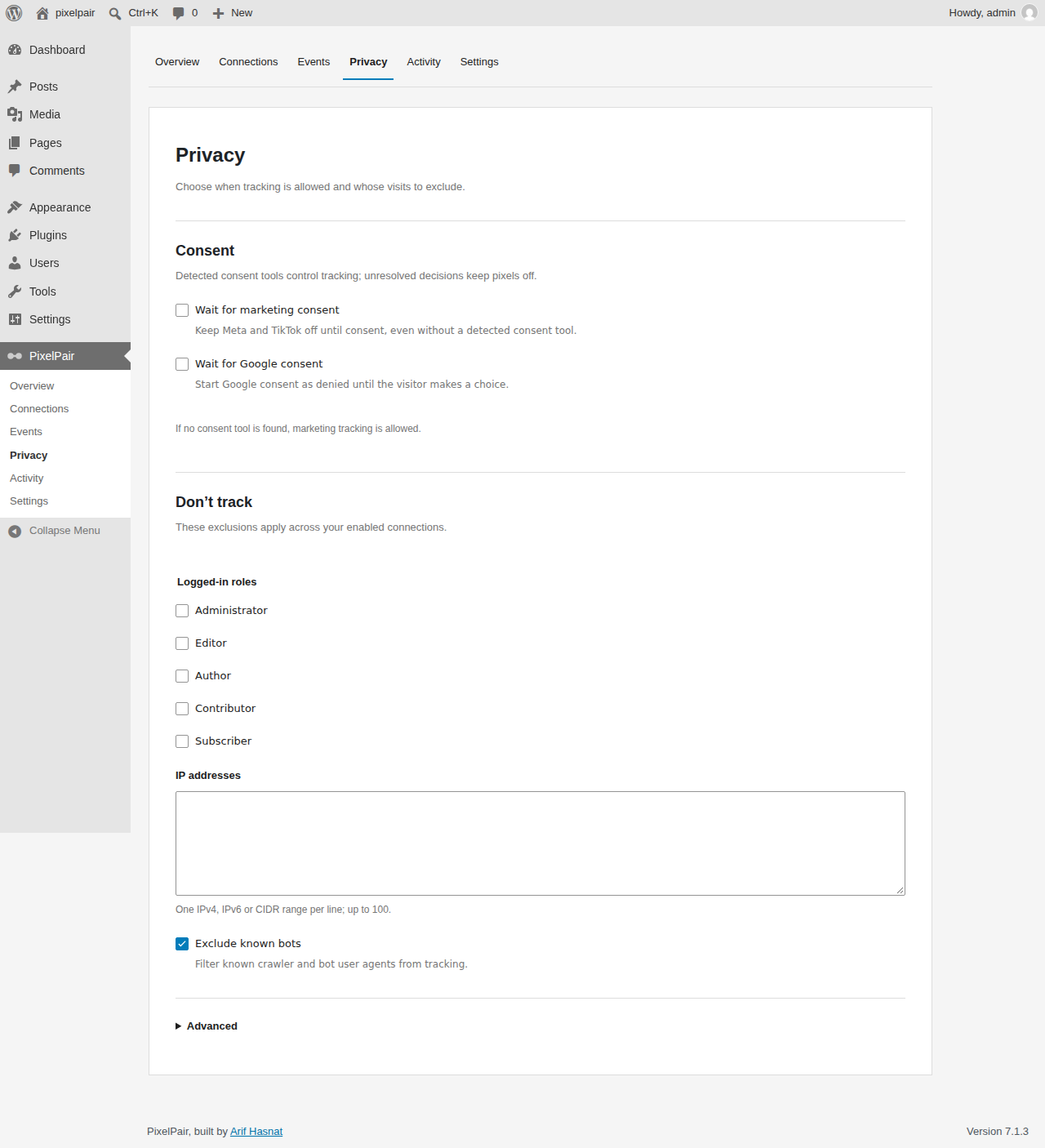 Privacy settings for consent and tracking exclusions.