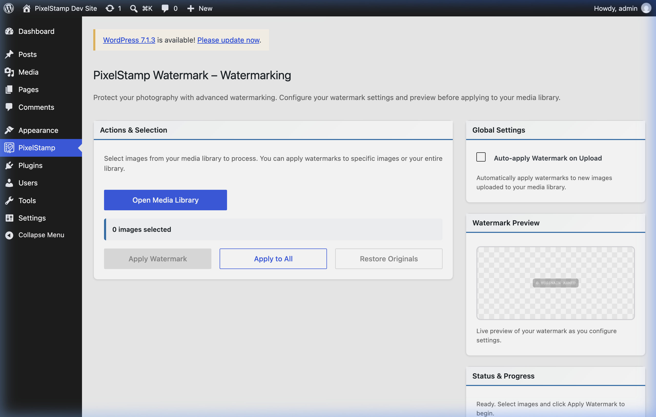 PixelStamp admin dashboard with action buttons, global settings, watermark preview, and live progress bar.