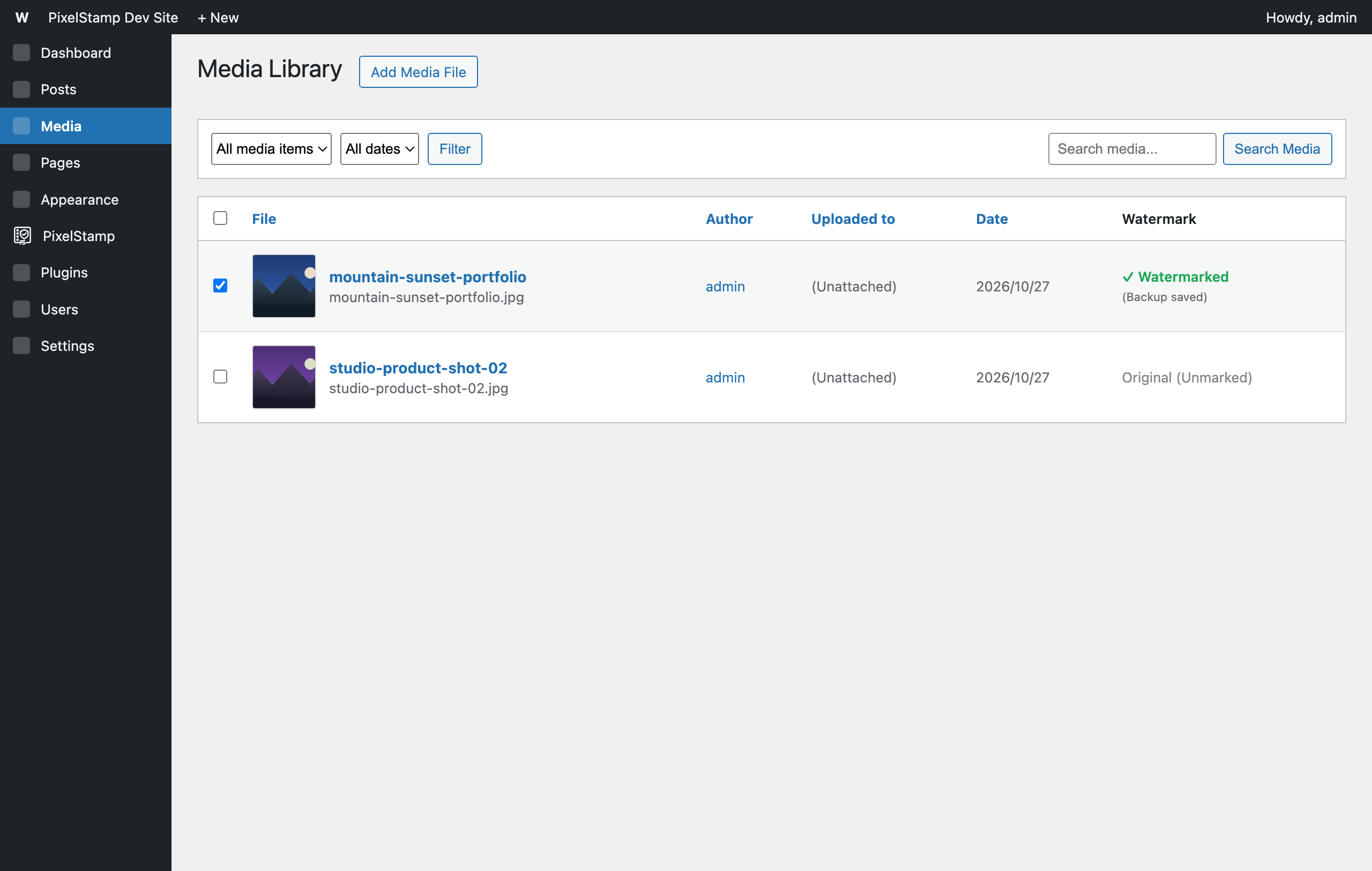 WordPress Media Library list view featuring the real-time Watermark status tracking column.