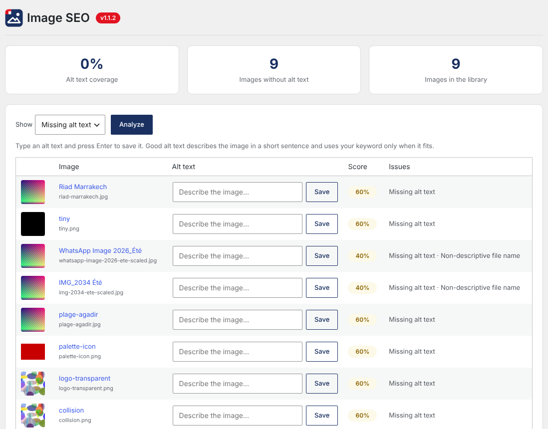 Image SEO checker with inline alt text editor.