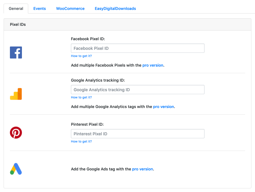 Add your Facebook pixel ID, Google Analytics ID, or Pinterest ID.