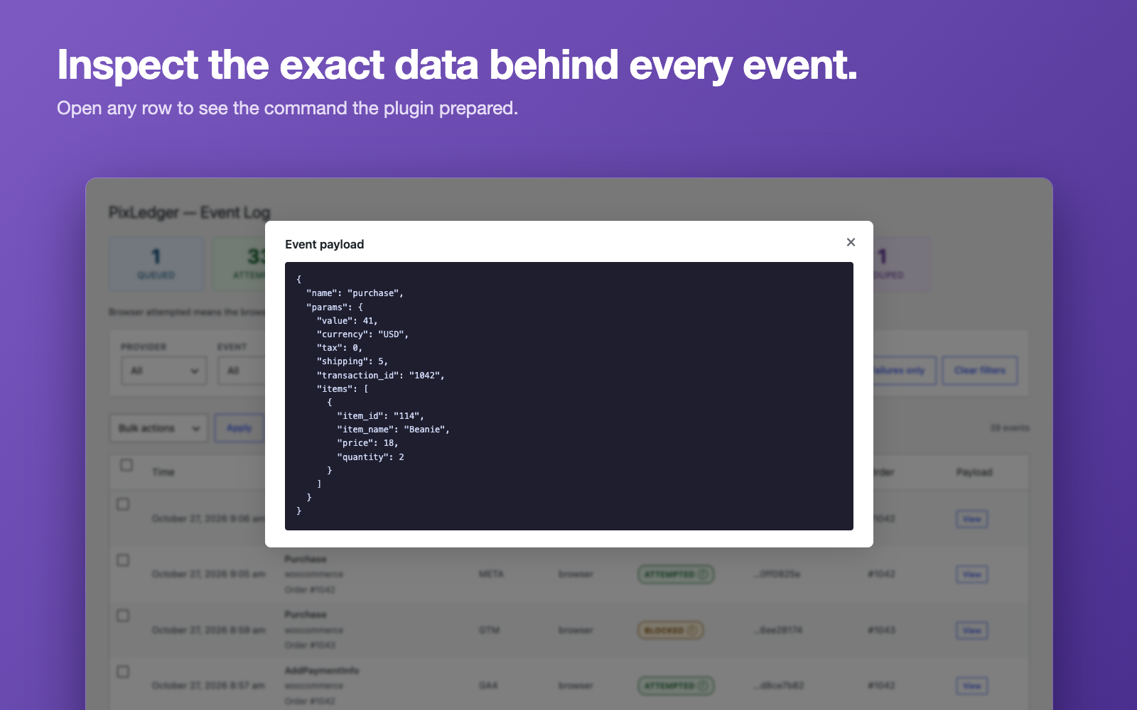 Event payload: open any row to see the exact data the plugin prepared.
