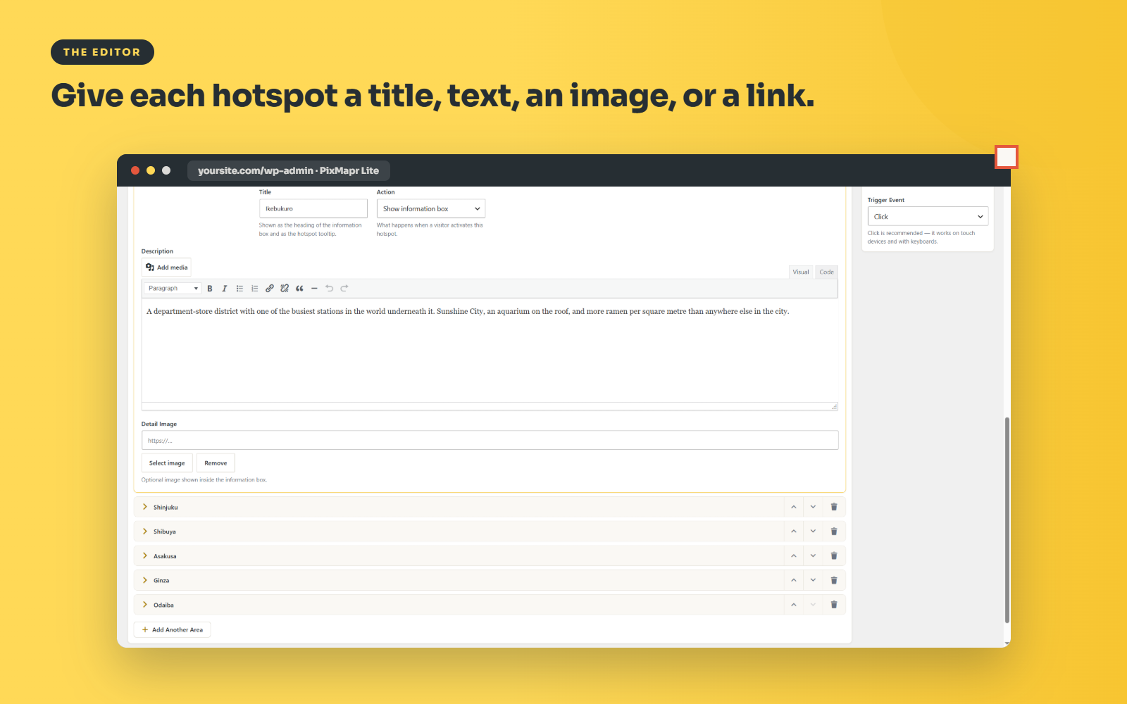 Give each hotspot a title, text, an image, or a link.