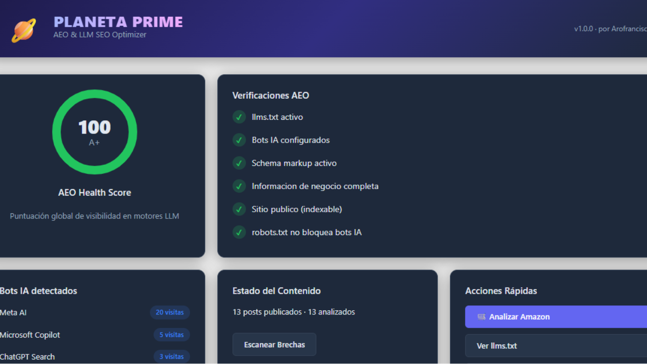Main dashboard with AEO Health Score (0–100), category checks and AI bot activity summary.