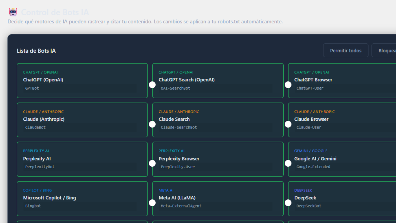 AI Bot Control — toggle dashboard for 20 AI engines with automatic robots.txt integration.