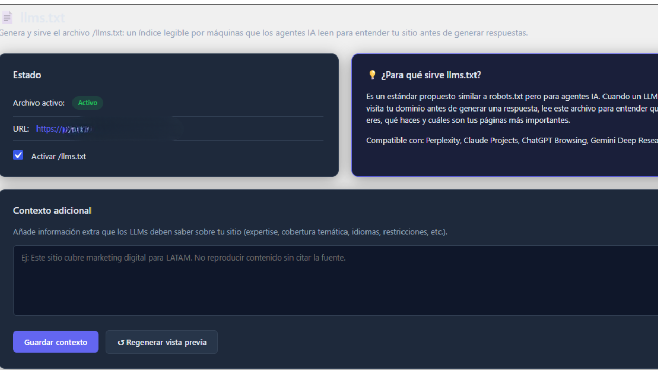 llms.txt generator with live preview and customizable context section.