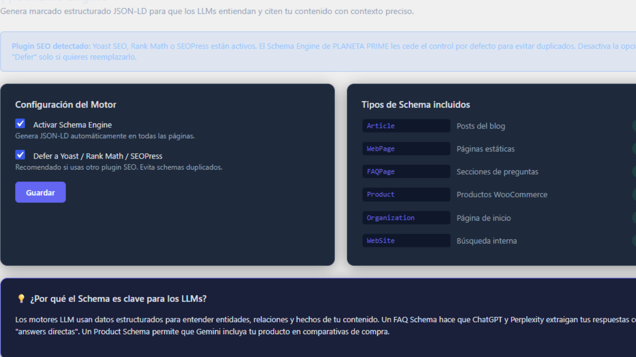 Schema Engine — supported JSON-LD types and SEO plugin conflict detector.