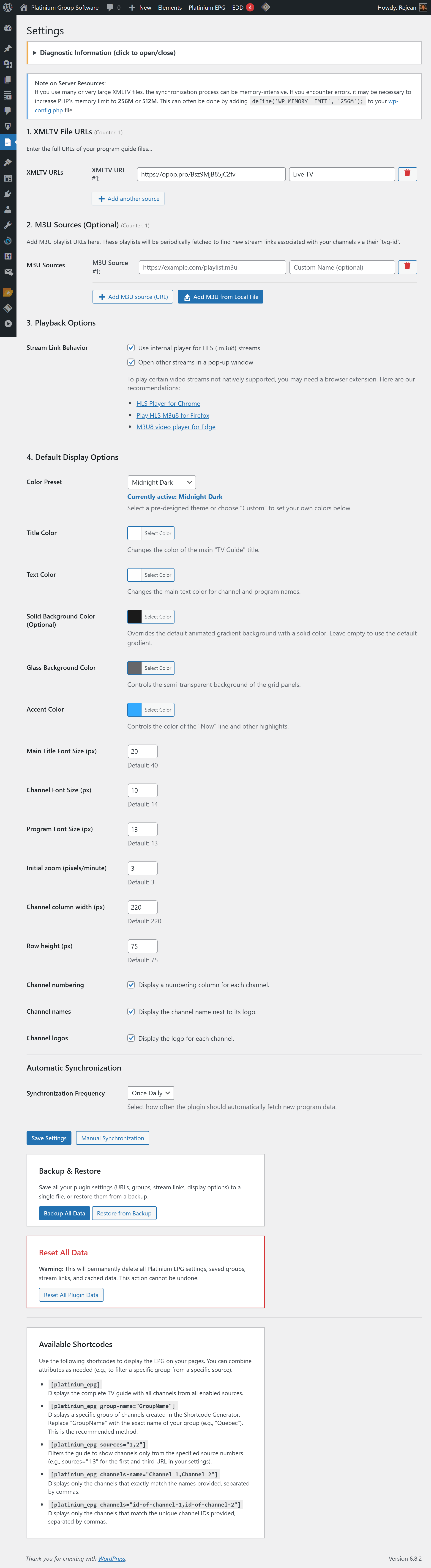 The main Settings page for managing sources, display options, and choosing from various color presets.