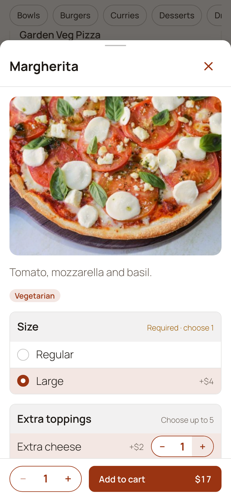 Choosing a size and extras for a dish, with the price as you go.
