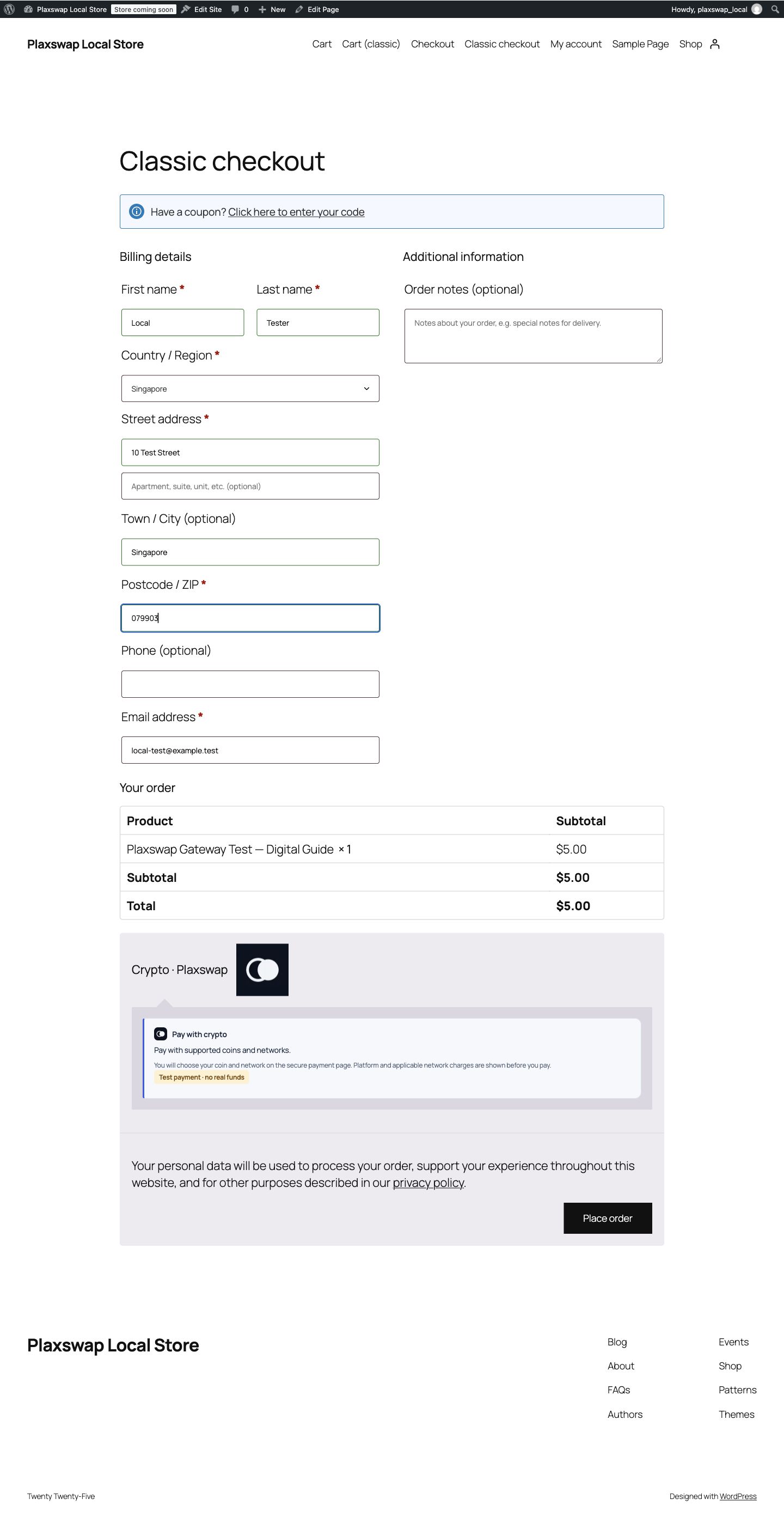 Plaxswap as a payment option at the classic WooCommerce checkout.