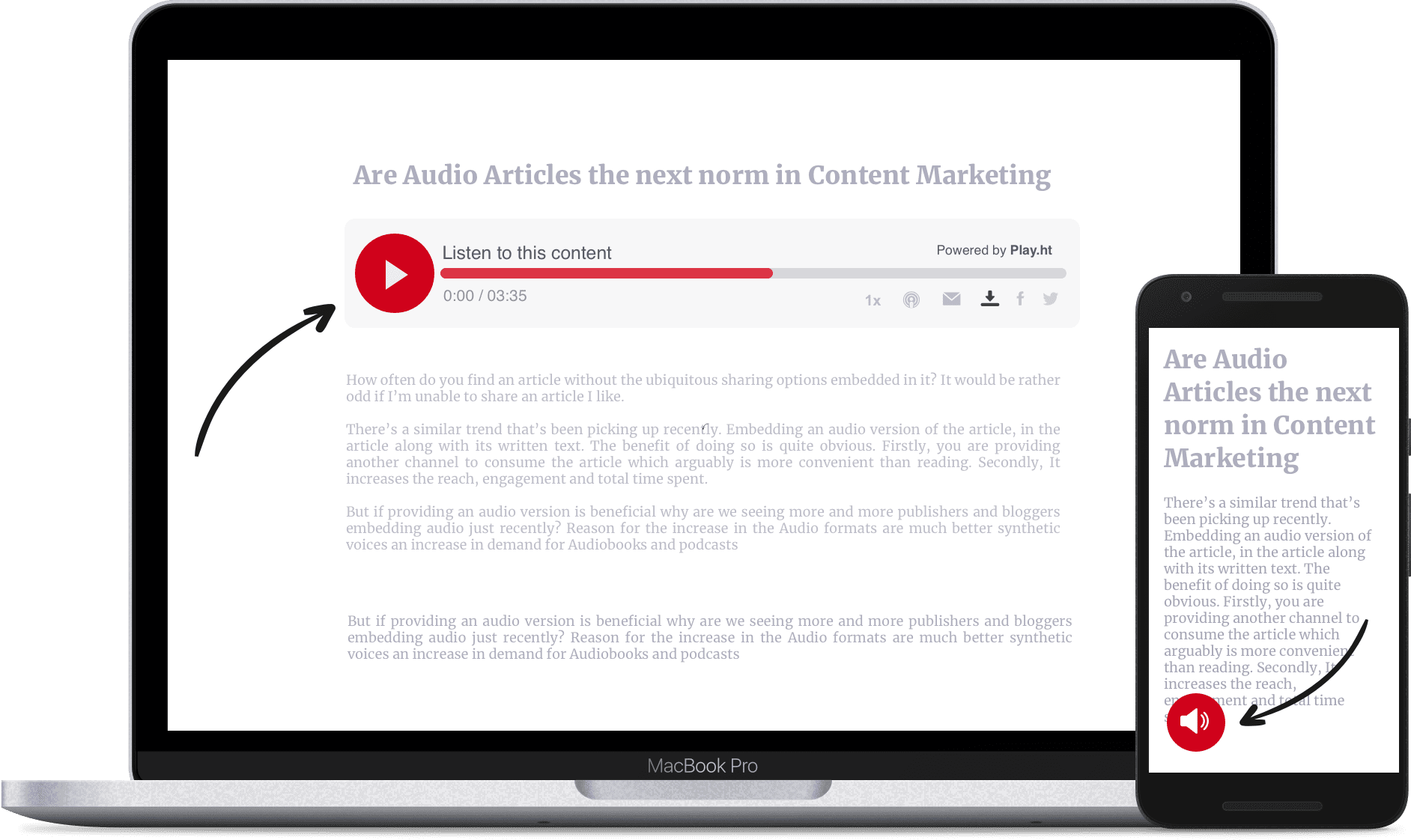 Play embeds an Audio Player in your Articles so users can listen to them as Podcasts.