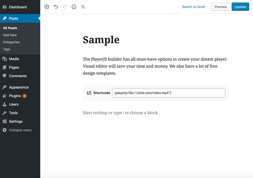 Player shortcode