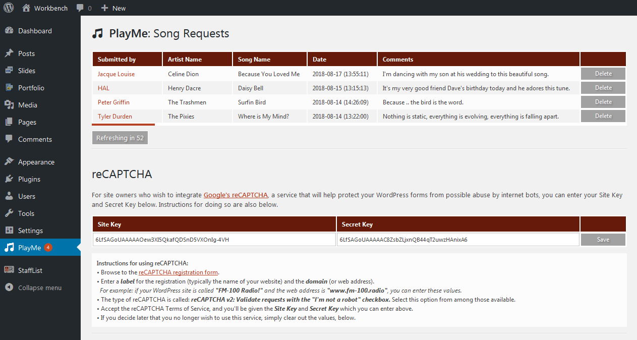 The back-end shows the currently requested songs, the newest at the top, and a button to hide/dismiss each