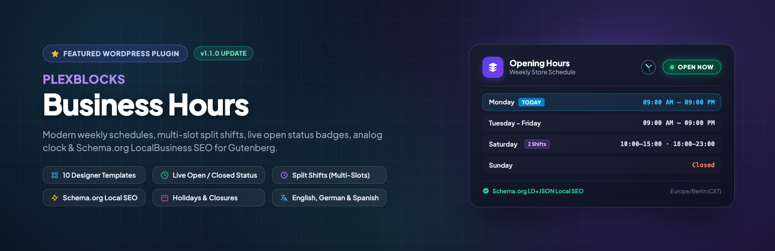 PlexBlocks – Business Hours for Block Editor preview