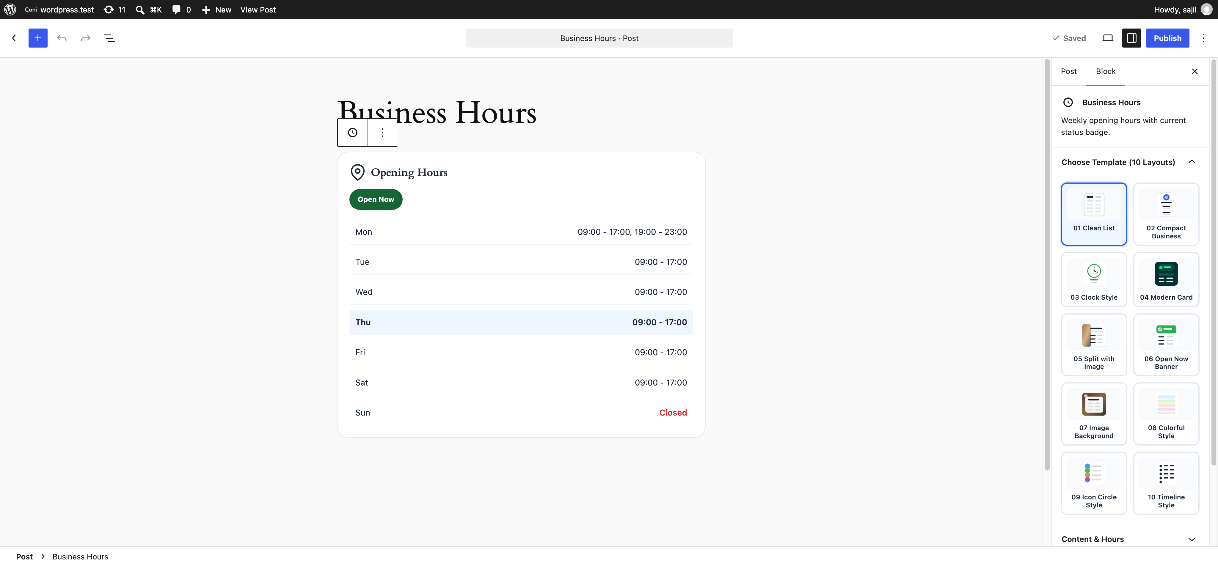 PlexBlocks – Business Hours for Block Editor