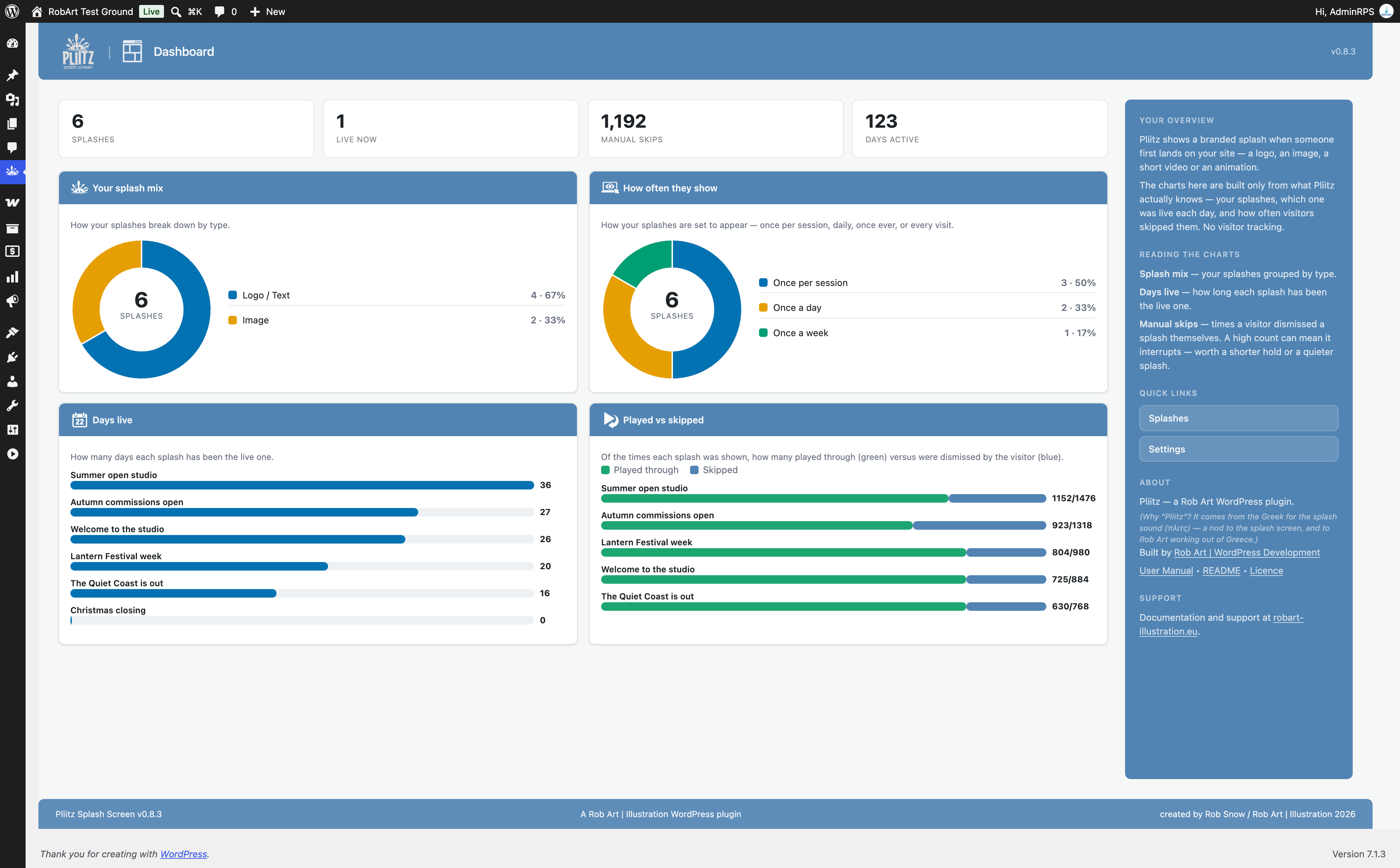 The Dashboard — active splash, recent activity and at-a-glance stats.